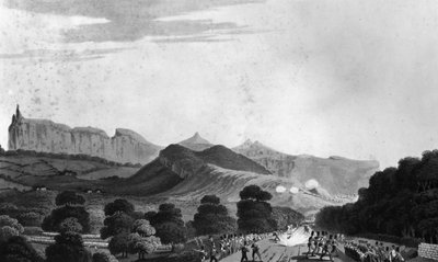 Parte del Ejército Británico Formándose ante Port Louis, grabado por I. Clark, 1813 de English School